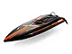Atrek Stealth 25 inch brushless RC speed boat in black with orange racing stripes on a white background