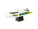 Pro Boat Jet Jam V2 12 inch electric RC speed boat in white resting on a black display stand against a white background.