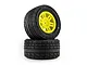 Pro-Line 1/16 Menace Street tyres mounted on bright yellow split-six rims, stacked against a white background.