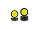 Pro-Line 1/24 Wedge Front and Prism Rear carpet tyres mounted on yellow dish rims, displayed as four pre-glued wheels.