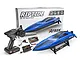 Atrek Riptide 16 inch RC Speed Boat in blue with its retail box, transmitter, lithium battery, USB charger, stand, and accessories.