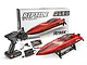 Atrek Riptide 16 inch RC speed boat in red, shown alongside its transmitter, battery, charger, boat stand, and retail box.