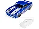 Pro-Line 1968 Chevy Camaro body shell shown painted blue with racing decals, alongside an inset of the unpainted clear version.