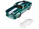 Pro-Line 1968 Ford Mustang VTA body shell shown painted green with racing stripes and inset with the clear unpainted version.