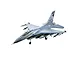 Studio product shot of the FMS F-16 Fighting Falcon RC jet in battlefield grey with scale decals and landing gear deployed against a white background.