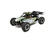 Losi DBXL-E 1/5 scale electric RC desert buggy in black, white, and yellow livery, shown from a high-angle studio shot.