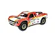 Losi Super Baja Rey 1/6 scale RC short course truck in red, white, and yellow livery with sponsor decals on a white background.