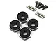 Four black aluminium 12mm RC wheel hex adapters with included metal pins and screws on a white background.