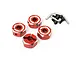 Four red aluminium 12mm wheel hexes with silver accents, accompanied by small metal pins and black screws on a white background.