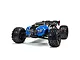 ARRMA Kraton 1/8 scale electric RC truggy in blue and black, featuring large off-road tires and a rear wing, isolated on a white background.