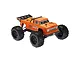 ARRMA Outcast 6S BLX 1/8 scale electric RC stunt truck in orange, featuring large off-road tires and a roll cage.