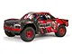 ARRMA Mojave 1/7 scale desert racer RC truck in red and black livery on a white background.