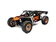 Losi DBXL-E 2.0 1/5 scale RC desert buggy in Fox Racing livery, featuring a black and orange paint scheme, off-road tires, and a rear wing.
