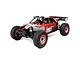 Losi DBXL-E 2.0 1/5 scale electric RC desert buggy in red and silver with flame graphics, shown from a front three-quarter angle.
