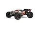 Studio shot of an ARRMA Kraton 8S BLX RC Truggy in orange and black, viewed from a front three-quarter angle against a white background.