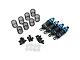 A set of four blue anodized aluminium RC shock absorbers with extra springs, mounting hardware, and plastic pistons on a white background.