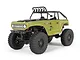 Axial SCX24 Deadbolt 1/24 scale RC rock crawler in olive green, featuring a roll cage, driver figure, and off-road tires on a white background.