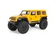A yellow Axial SCX24 2019 Jeep Wrangler JLU RC rock crawler shown from a front three-quarter angle against a white background.