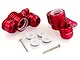 A pair of red anodized aluminium steering hubs for RC cars by GPM Racing, including four white plastic bushings and two metal screws.