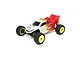 A studio shot of the Losi Mini-T 2.0 1/18 scale RC stadium truck in red, white, and yellow livery with neon yellow wheels.