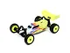 Losi Mini-B 2.0 1/16 scale RC buggy in yellow with a white and orange flame decal design on a white background.