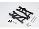 Two black aluminium rear lower suspension arms for Tamiya TT-02B with included screws, pins, bushings, and E-clips on a white background.