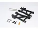 Two black aluminium front lower suspension arms for Tamiya TT-02B with included metal pins, screws, e-clips, and brass bushings on a white background.