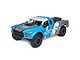 Losi Baja Rey Ford Raptor RC truck in blue, white, and grey King Shocks livery, viewed from a high angle against a white background.