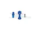 GPM Racing blue aluminium body shell lock components including two blue metal parts and one silver screw on a white background.