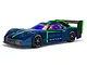 Studio shot of the ARRMA Vendetta 4x4 3S BLX RC car in blue with green accents, featuring a large rear wing and black wheels on a white background.