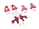 A set of red anodized aluminium RC car suspension parts including front C-hubs, steering hubs, and rear hubs with associated screws and hardware.