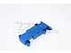A blue anodized aluminium rear skid plate for an RC car, shown from an elevated angle against a white background.