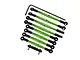 A set of green anodized aluminium tie rods with black plastic rod ends and a hex wrench on a white background.