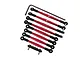 A set of GPM Racing red anodized aluminium tie rods with black plastic rod ends and an L-shaped hex wrench on a white background.