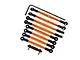 A set of orange anodized aluminium RC tie rods with black plastic rod ends and an L-shaped hex wrench on a white background.
