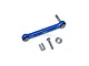 A blue anodized aluminium steering tie rod for Losi RC cars, shown with a screw, spacer, and washer on a white background.