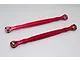 Two red anodized aluminium steering linkages with metal ball ends, positioned diagonally on a plain white background.