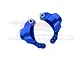 Two blue anodized aluminium rear hub carriers for an RC car, shown against a white background with a faint GPM Racing logo watermark.