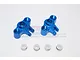 Two blue anodized aluminium RC axle carriers with four small white plastic bushings on a white background.