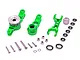 A set of green anodized aluminium RC steering assembly components including bell cranks, a servo saver, bearings, screws, and washers on a white background.