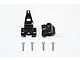 Two black aluminium RC car components and four silver screws on a white background.