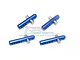 Four blue anodized aluminium RC body posts with silver metal cross-pins arranged on a white background.