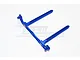 A blue anodized aluminium rear body post mount for an RC car, featuring two vertical posts with multiple adjustment holes.