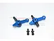 Two blue anodised aluminium RC steering hubs with black metal ball studs on a white background.