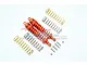 Two orange GPM Racing aluminium RC shock absorbers with extra springs and mounting hardware on a white background.