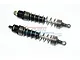 Two black aluminium RC shock absorbers with silver springs, branded with GPM logo, isolated on a white background.
