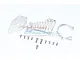 GPM Racing silver aluminium motor mount set including three main metal components and a collection of small mounting screws on a white background.