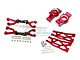 A set of red anodized aluminium RC suspension arms, rear hubs, and associated hardware from GPM Racing.