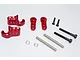 GPM Racing red aluminium rear adjustable shock mount set including brackets, screws, pins, and spacers on a white background.