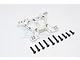 GPM Racing silver aluminium front shock tower for RC cars with a set of black mounting screws on a white background.